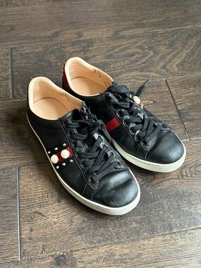 Gucci Women's Ace Web Studded Pearl Spike Leather Low Top Sneakers Size 37.5